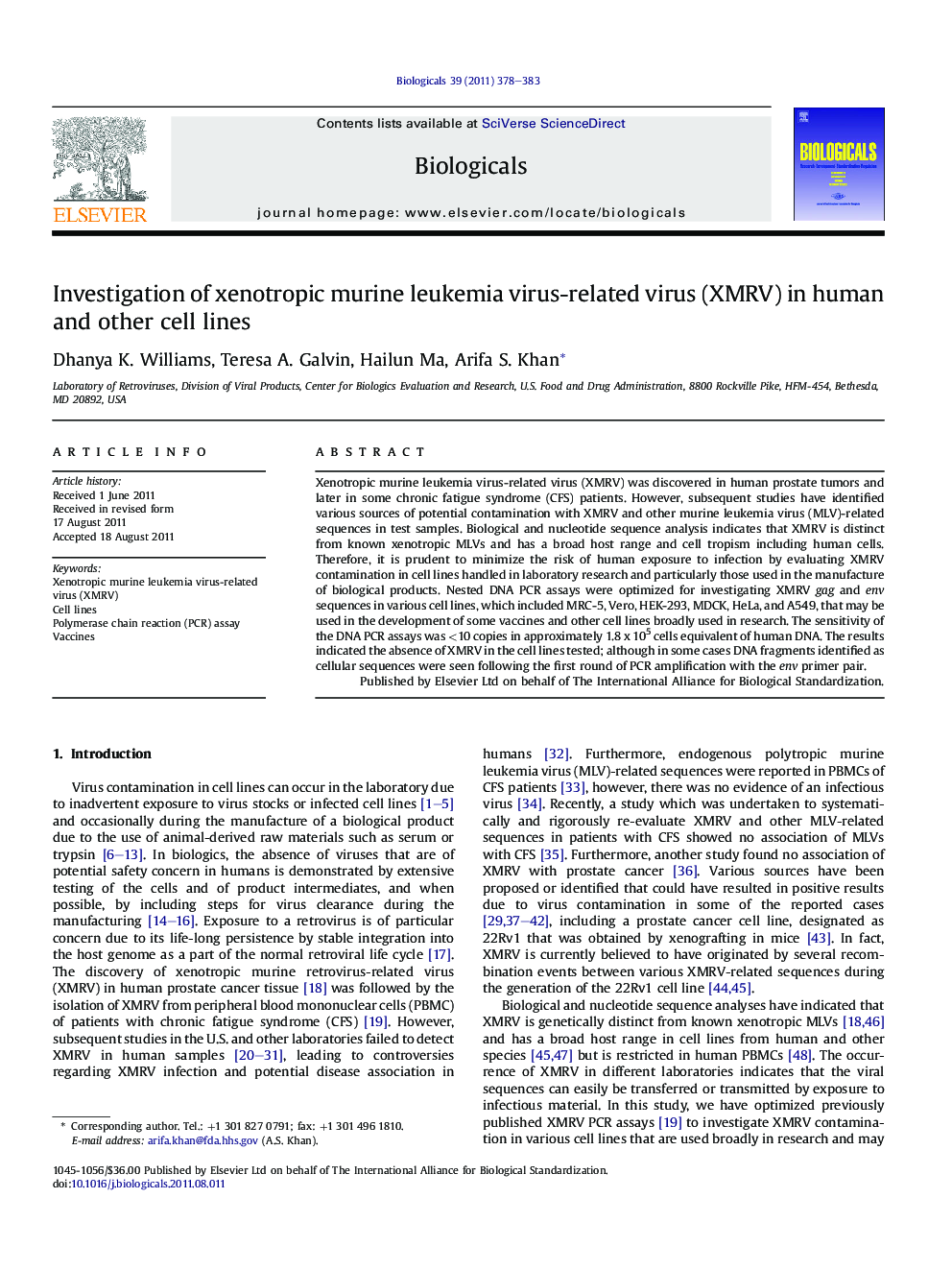 Investigation of xenotropic murine leukemia virus-related virus (XMRV) in human and other cell lines