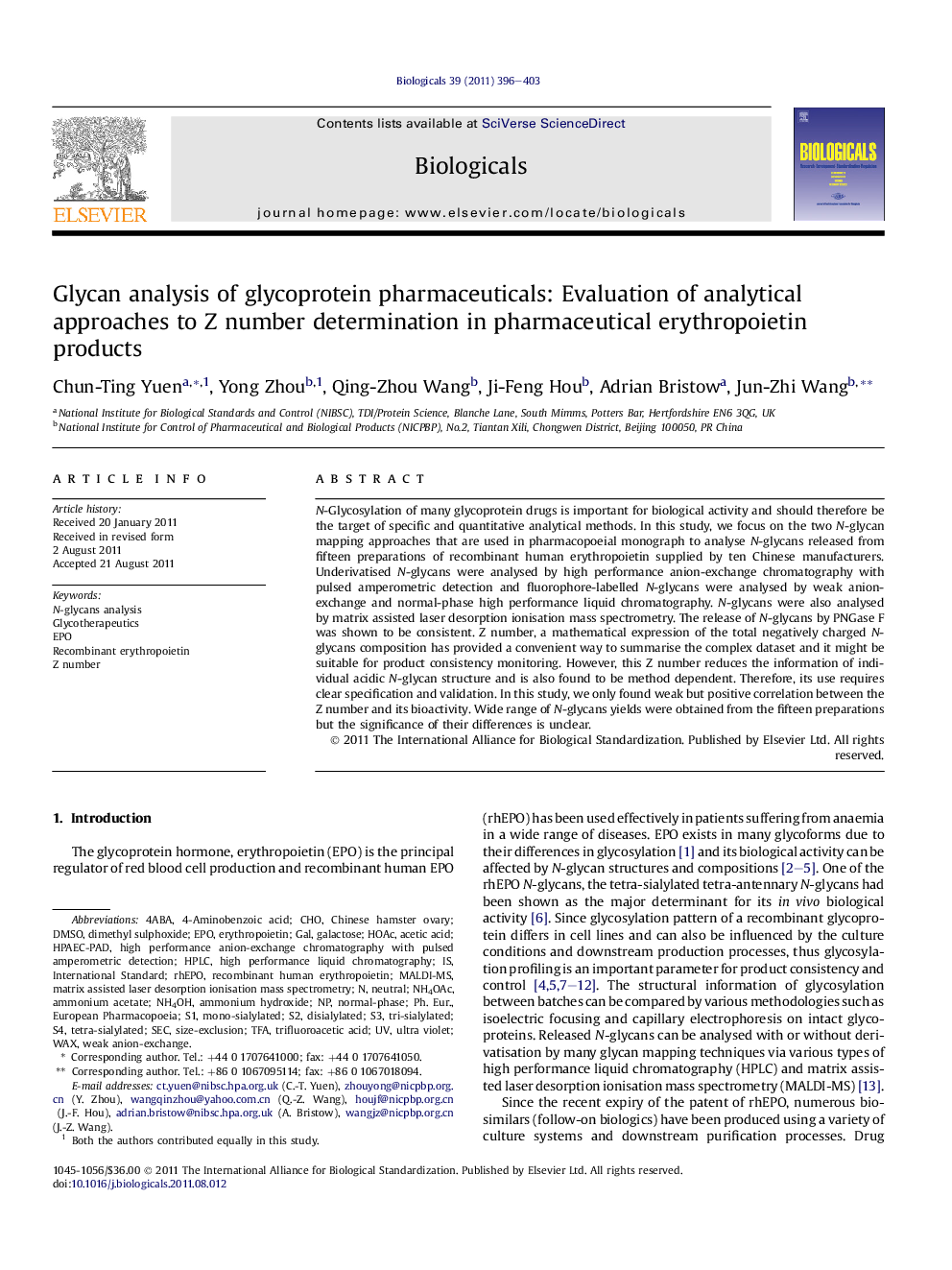 Glycan analysis of glycoprotein pharmaceuticals: Evaluation of analytical approaches to Z number determination in pharmaceutical erythropoietin products