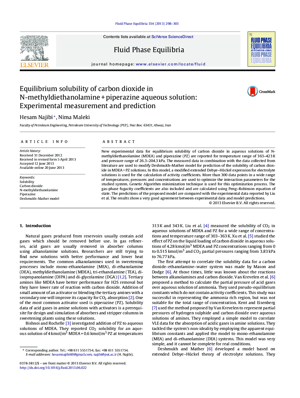 Equilibrium solubility of carbon dioxide in N-methyldiethanolamine + piperazine aqueous solution: Experimental measurement and prediction
