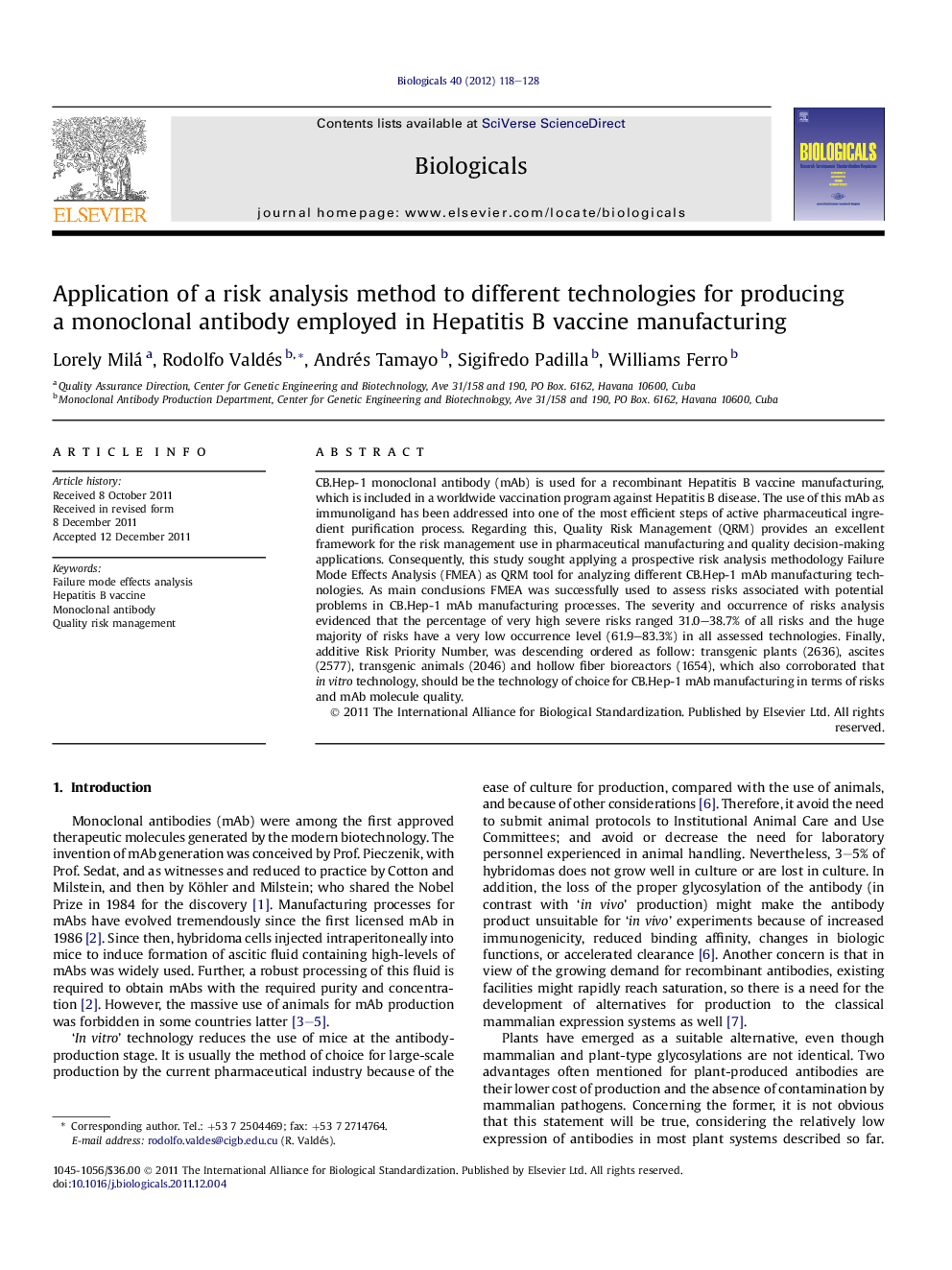 Application of a risk analysis method to different technologies for producing a monoclonal antibody employed in Hepatitis B vaccine manufacturing