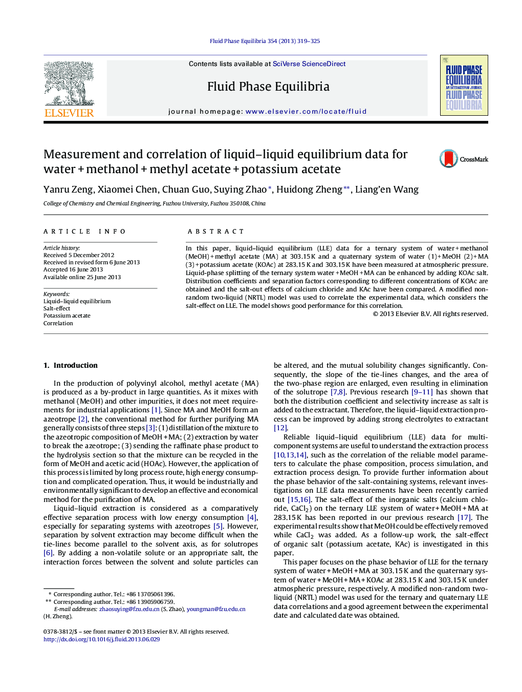 Measurement and correlation of liquid–liquid equilibrium data for water + methanol + methyl acetate + potassium acetate