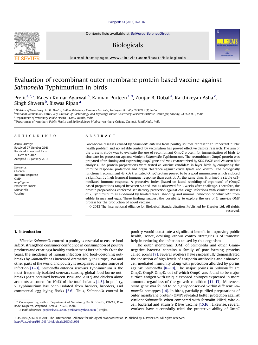 Evaluation of recombinant outer membrane protein based vaccine against Salmonella Typhimurium in birds