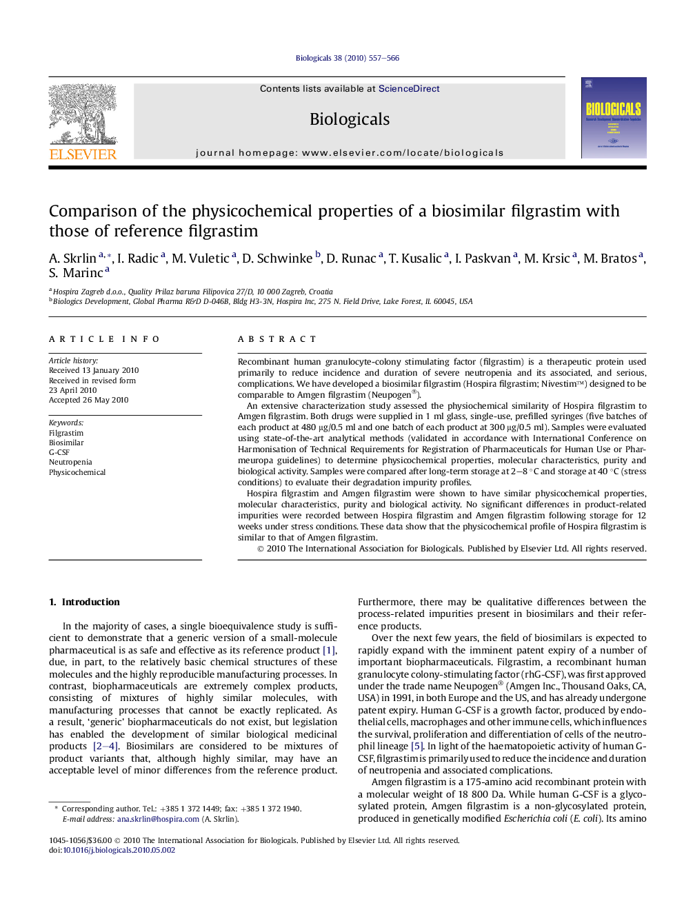 Comparison of the physicochemical properties of a biosimilar filgrastim with those of reference filgrastim