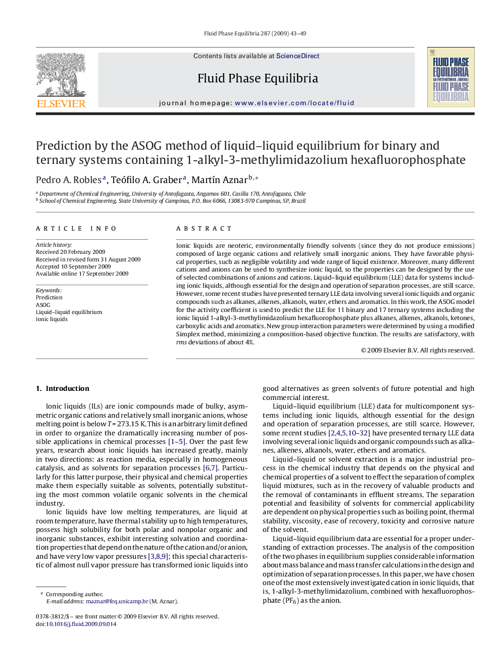 Prediction by the ASOG method of liquid–liquid equilibrium for binary and ternary systems containing 1-alkyl-3-methylimidazolium hexafluorophosphate