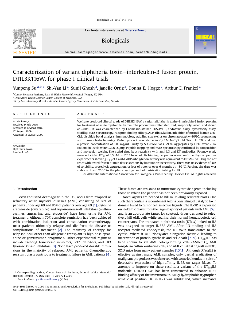 عکس صفحه اول مقاله: Characterization of variant diphtheria toxin–interleukin-3 fusion protein, DTIL3K116W, for phase I clinical trials Characterization of variant diphtheria toxin–interleukin-3 fusion protein, DTIL3K116W, for phase I clinical trials