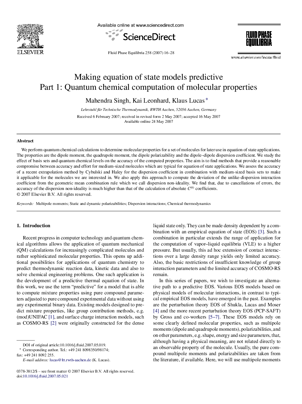 Making equation of state models predictive: Part 1: Quantum chemical computation of molecular properties