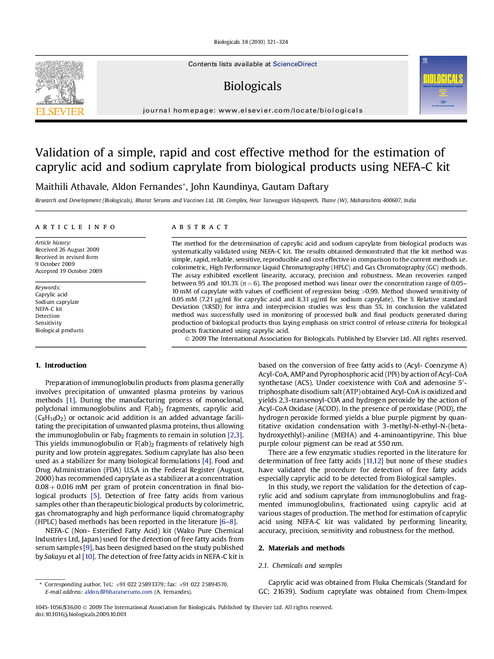 Validation of a simple, rapid and cost effective method for the estimation of caprylic acid and sodium caprylate from biological products using NEFA-C kit