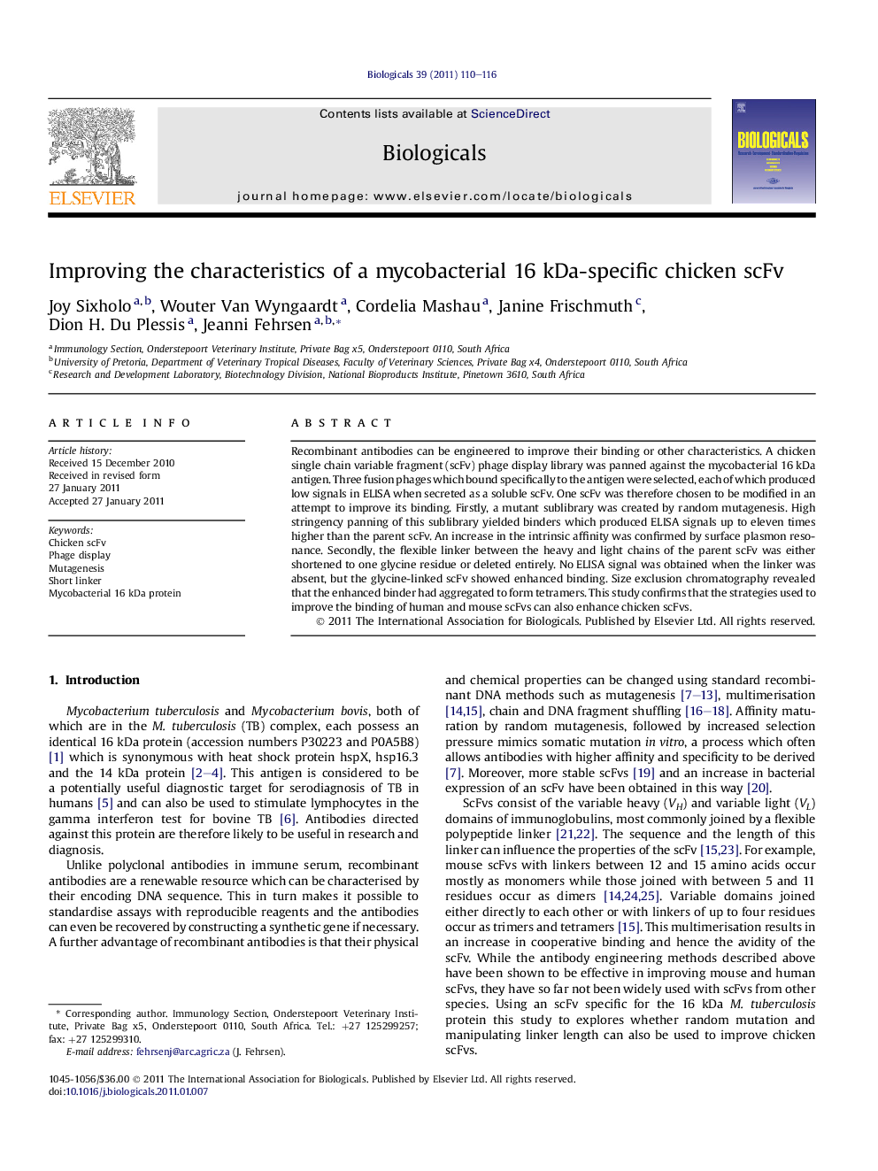 Improving the characteristics of a mycobacterial 16 kDa-specific chicken scFv