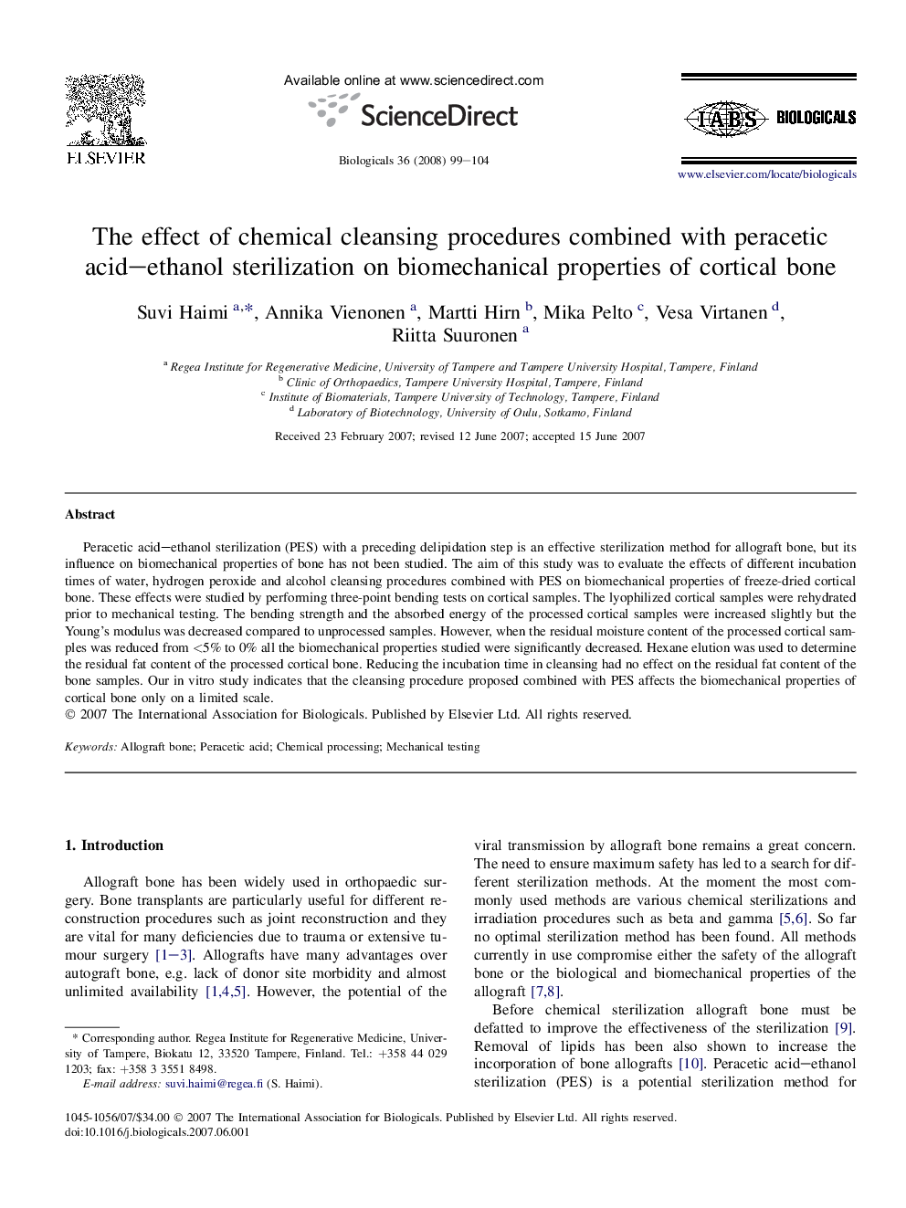 The effect of chemical cleansing procedures combined with peracetic acid–ethanol sterilization on biomechanical properties of cortical bone