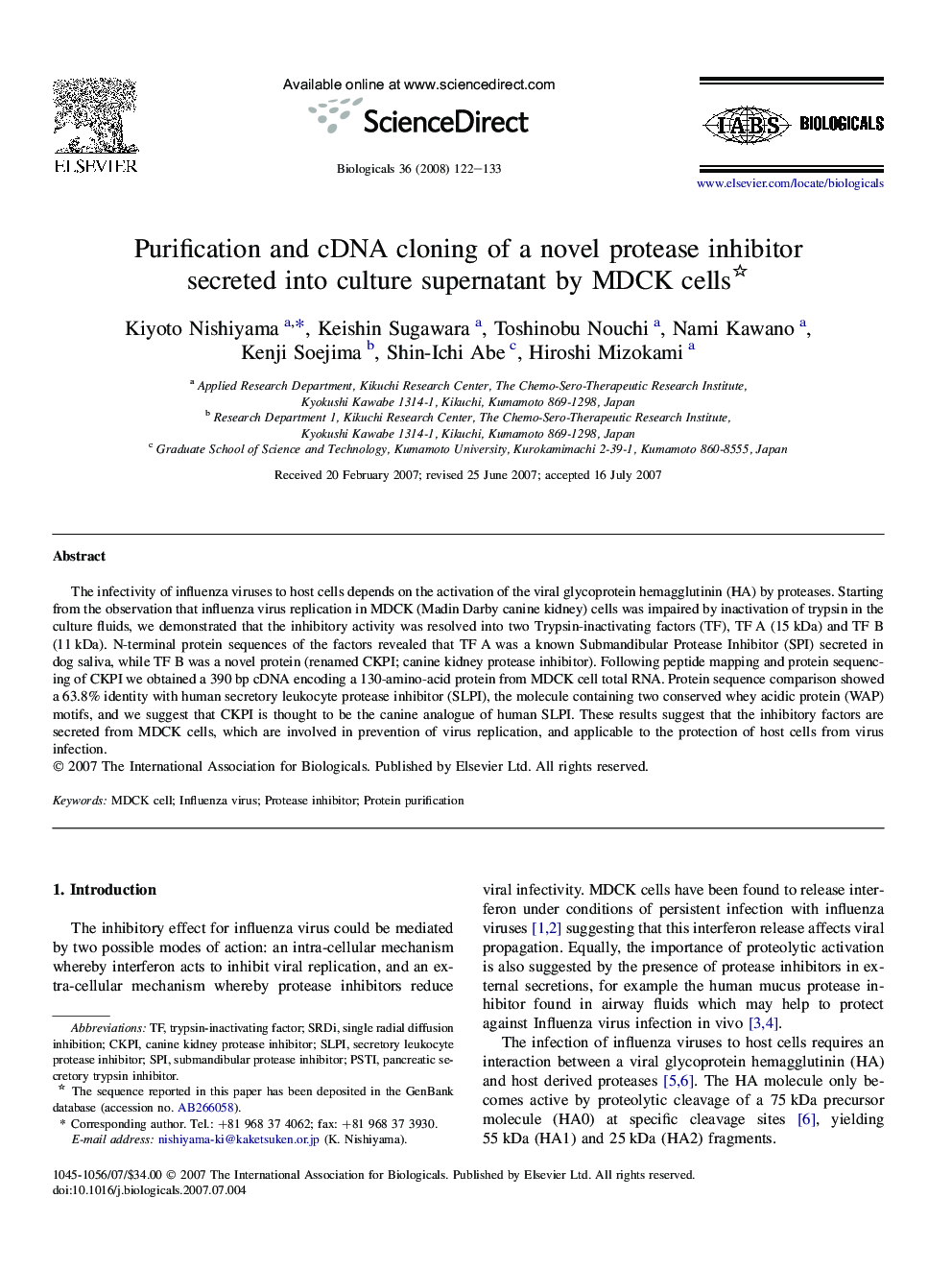 Purification and cDNA cloning of a novel protease inhibitor secreted into culture supernatant by MDCK cells 