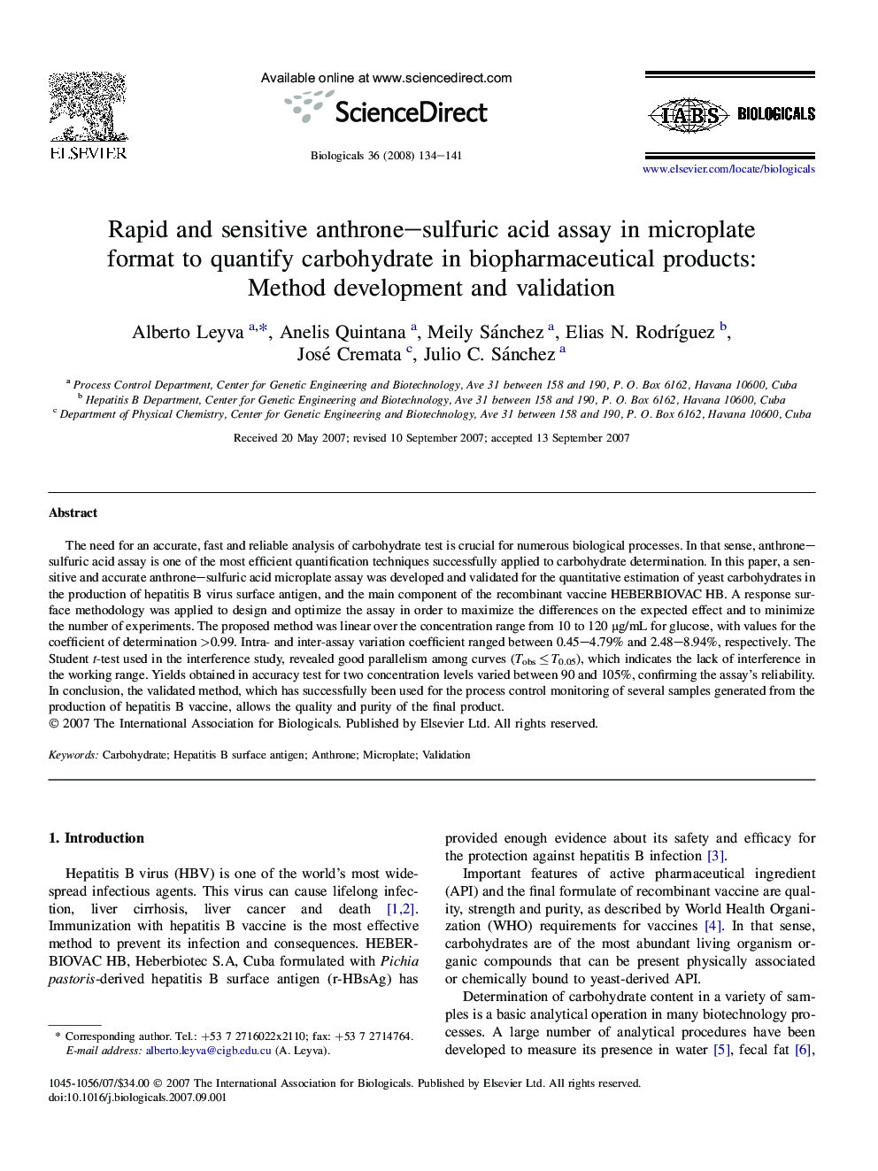 Rapid and sensitive anthrone–sulfuric acid assay in microplate format to quantify carbohydrate in biopharmaceutical products: Method development and validation