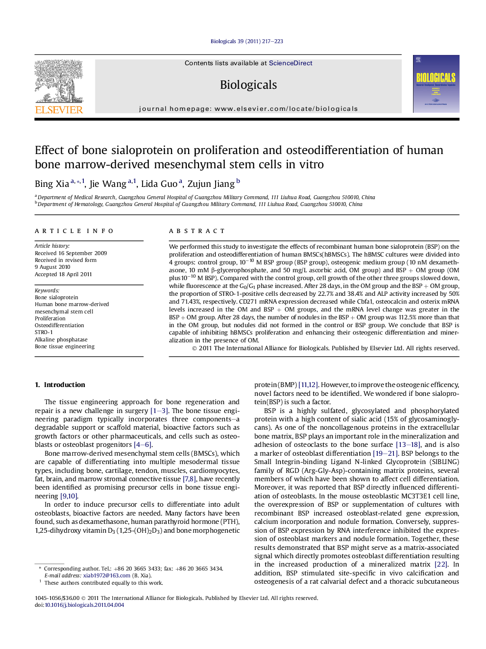 Effect of bone sialoprotein on proliferation and osteodifferentiation of human bone marrow-derived mesenchymal stem cells inÂ vitro