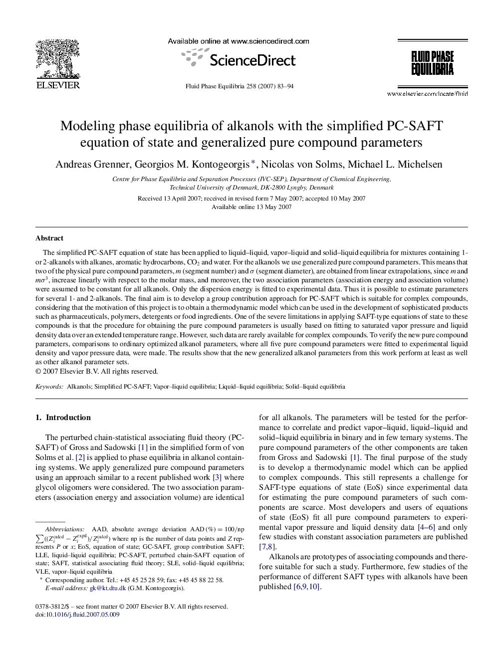 Modeling phase equilibria of alkanols with the simplified PC-SAFT equation of state and generalized pure compound parameters