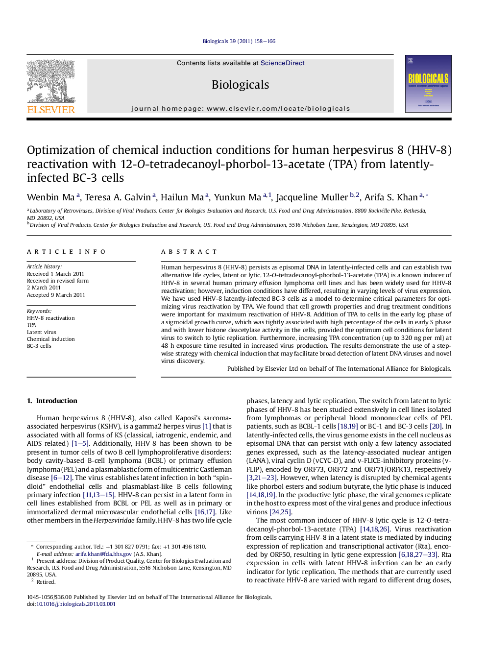 Optimization of chemical induction conditions for human herpesvirus 8 (HHV-8) reactivation with 12-O-tetradecanoyl-phorbol-13-acetate (TPA) from latently-infected BC-3 cells