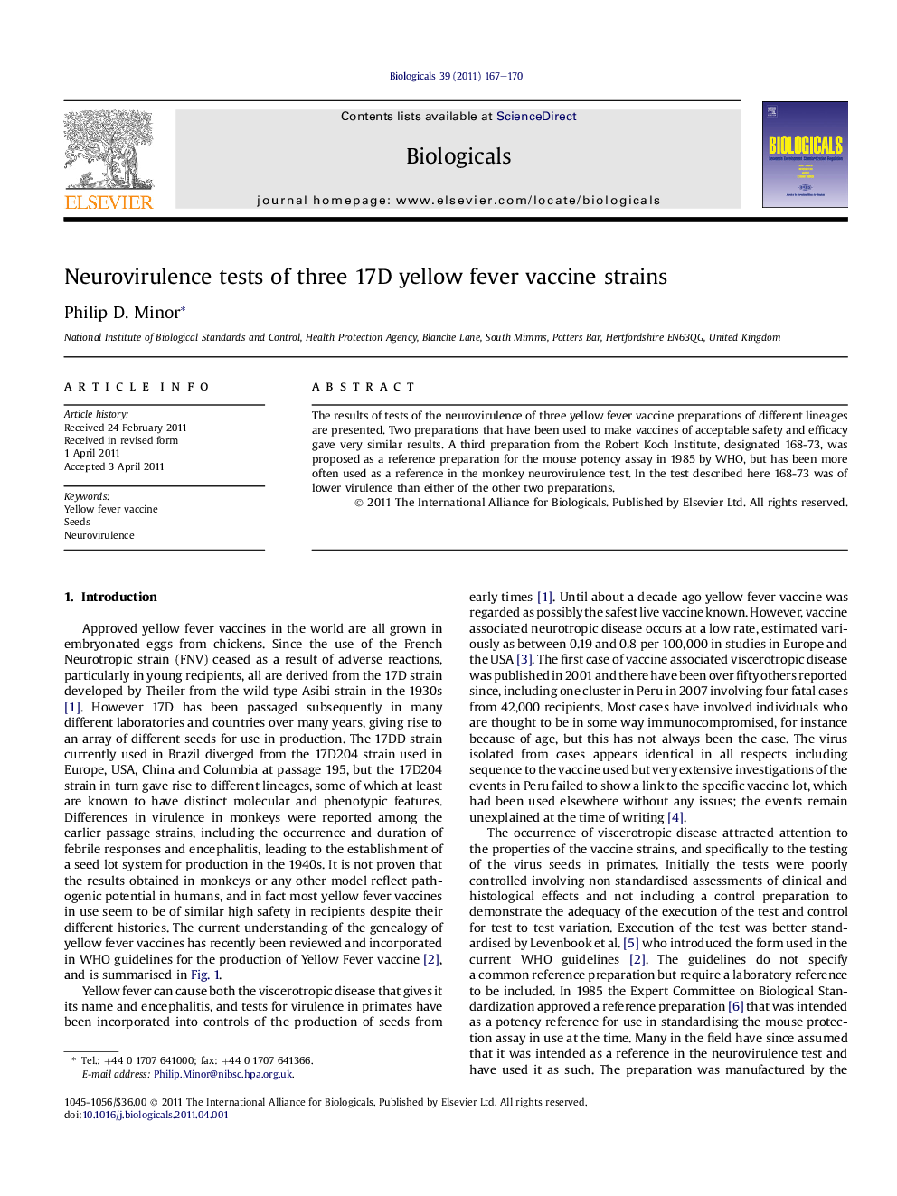 Neurovirulence tests of three 17D yellow fever vaccine strains