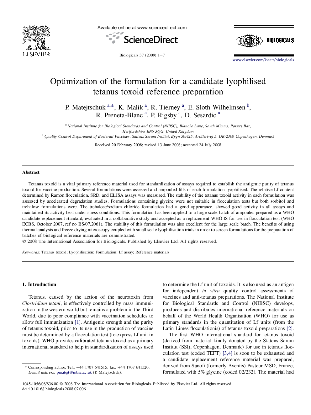 Optimization of the formulation for a candidate lyophilised tetanus toxoid reference preparation