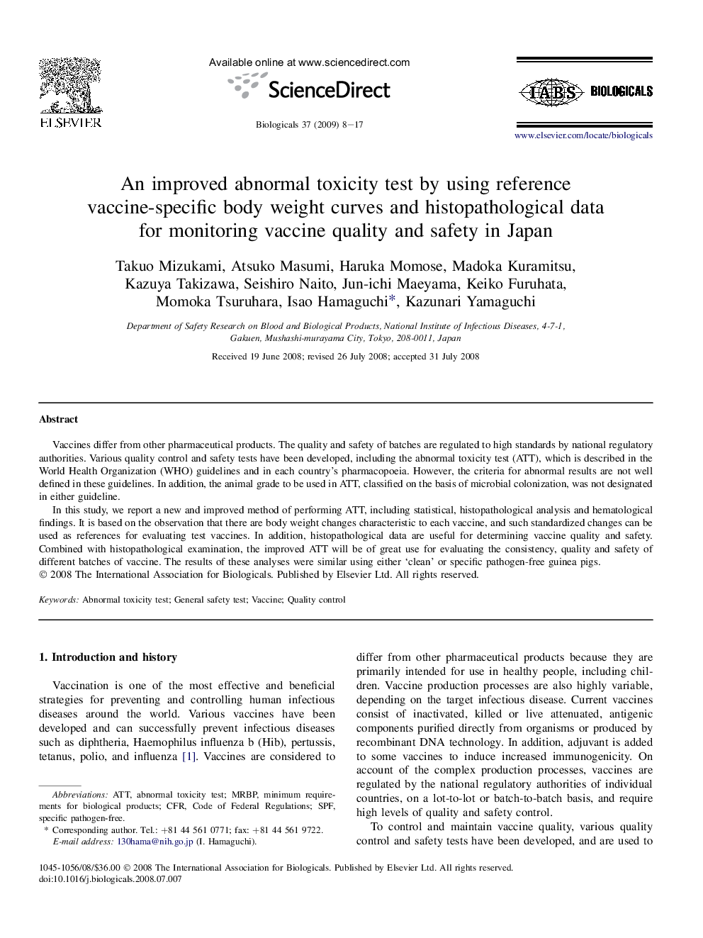 An improved abnormal toxicity test by using reference vaccine-specific body weight curves and histopathological data for monitoring vaccine quality and safety in Japan