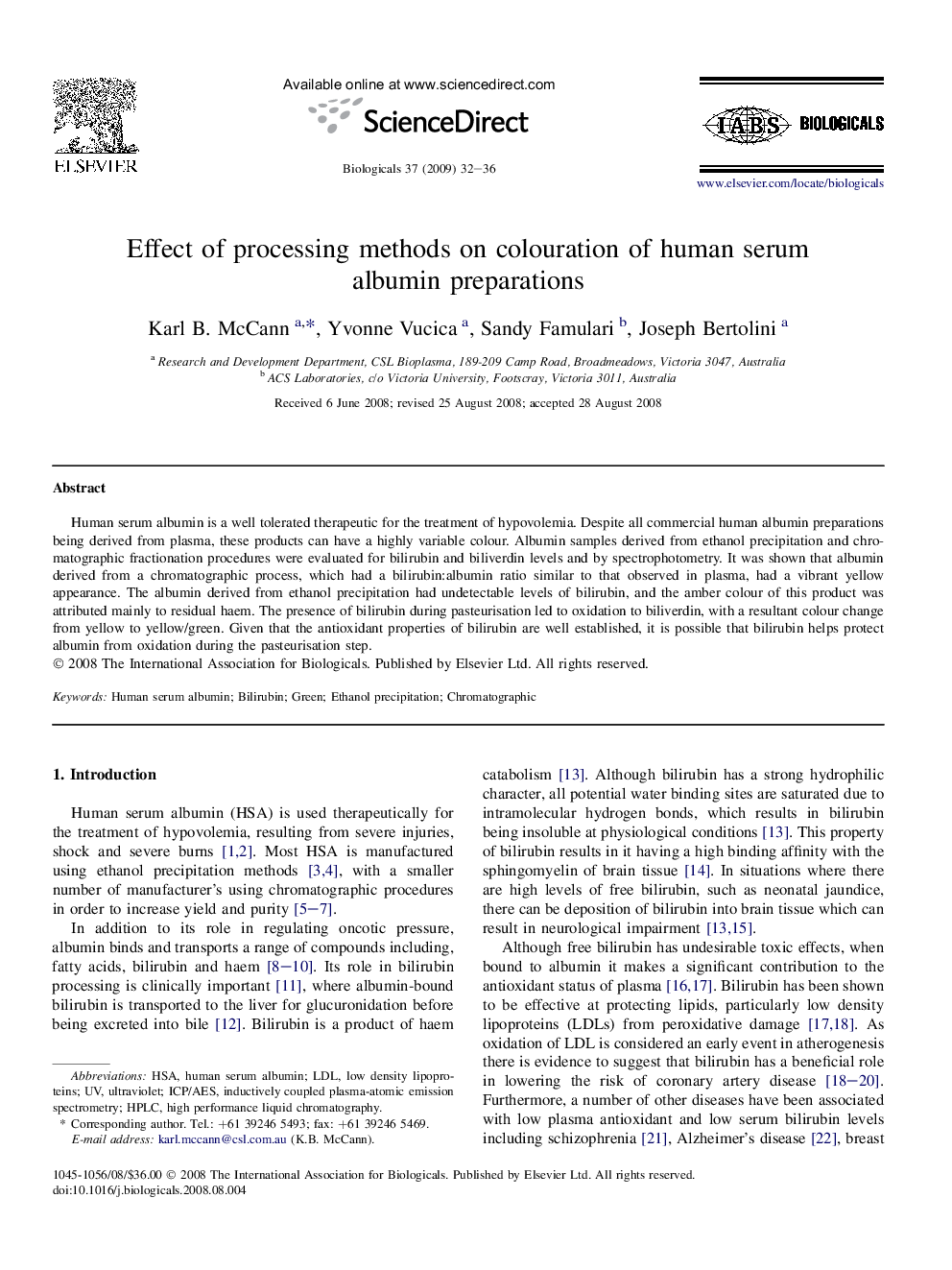 Effect of processing methods on colouration of human serum albumin preparations