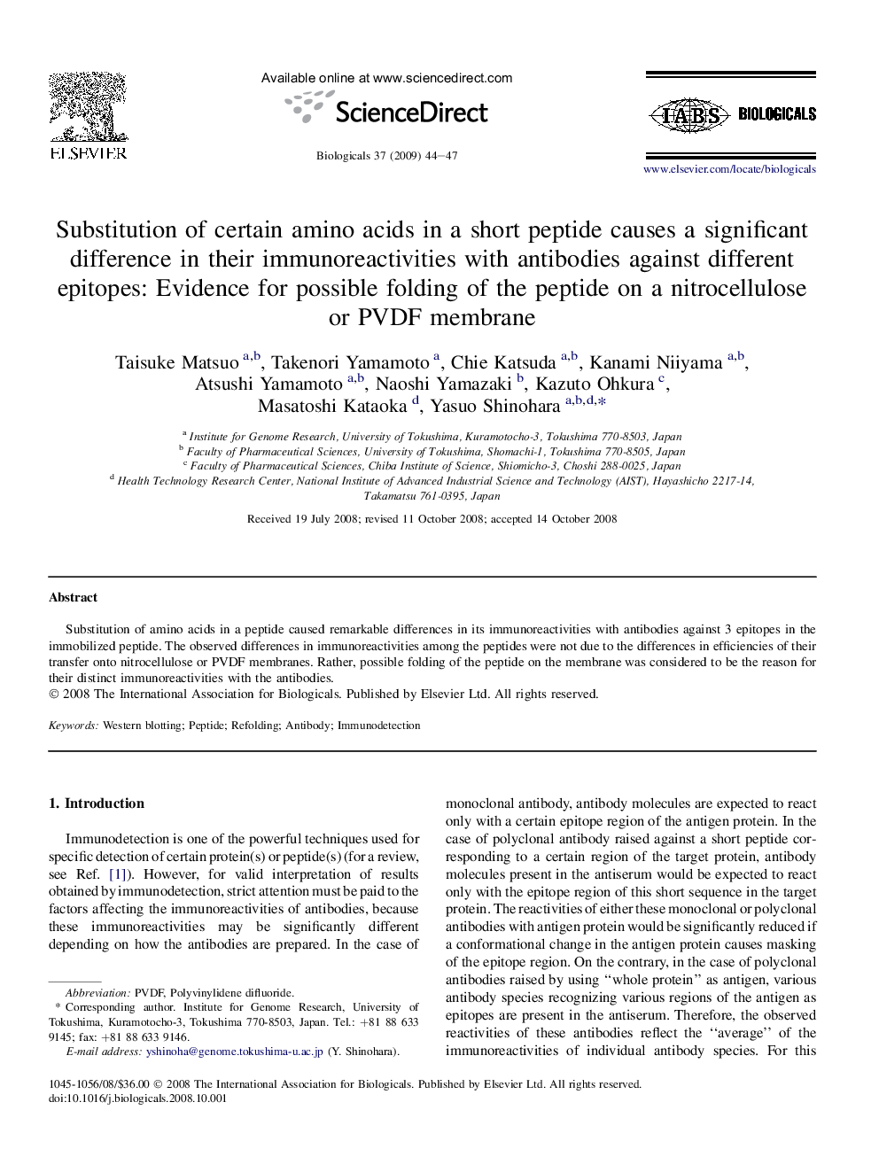 Substitution of certain amino acids in a short peptide causes a significant difference in their immunoreactivities with antibodies against different epitopes: Evidence for possible folding of the peptide on a nitrocellulose or PVDF membrane