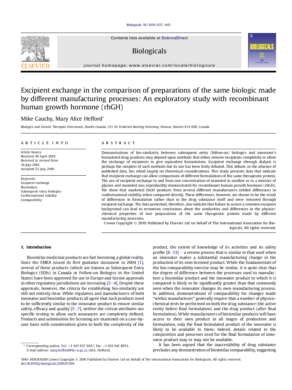 Excipient exchange in the comparison of preparations of the same biologic made by different manufacturing processes: An exploratory study with recombinant human growth hormone (rhGH)