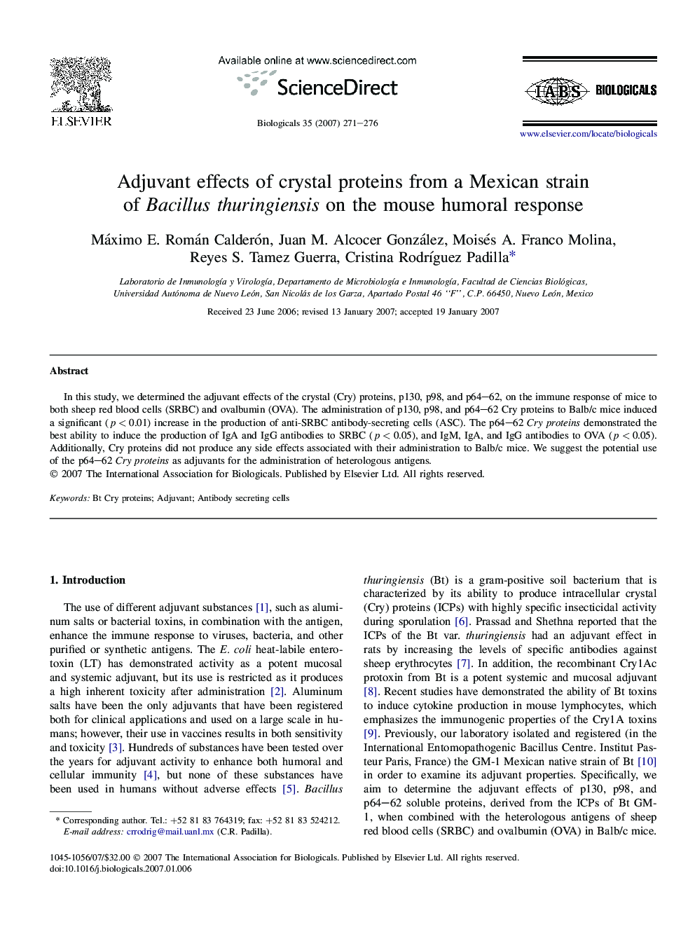 Adjuvant effects of crystal proteins from a Mexican strain of Bacillus thuringiensis on the mouse humoral response