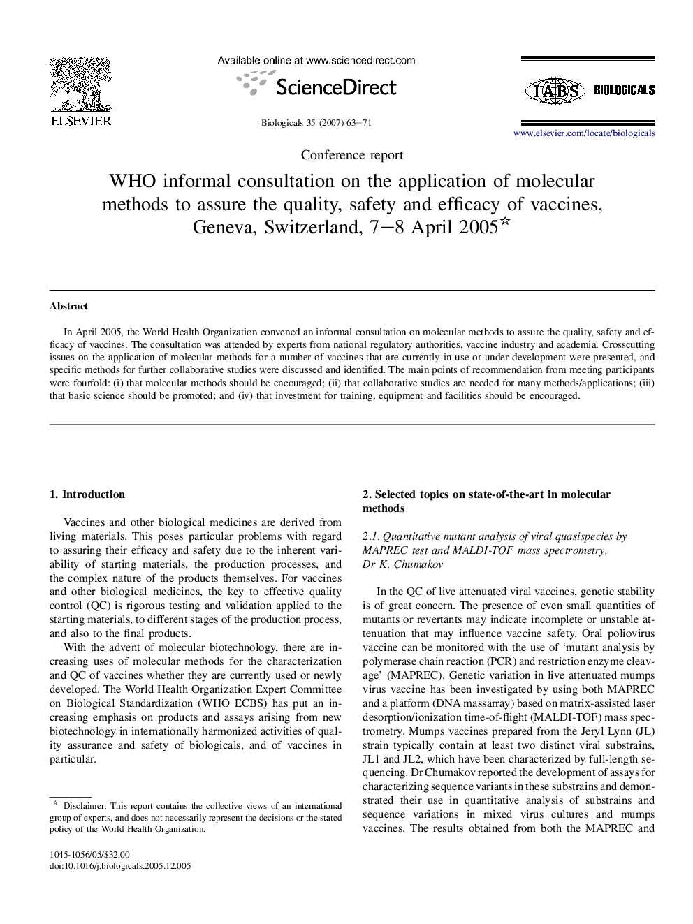 عکس صفحه اول مقاله: WHO informal consultation on the application of molecular methods to assure the quality, safety and efficacy of vaccines, Geneva, Switzerland, 7–8 April 2005 WHO informal consultation on the application of molecular methods to assure the quality, safety and efficacy of vaccines, Geneva, Switzerland, 7–8 April 2005
