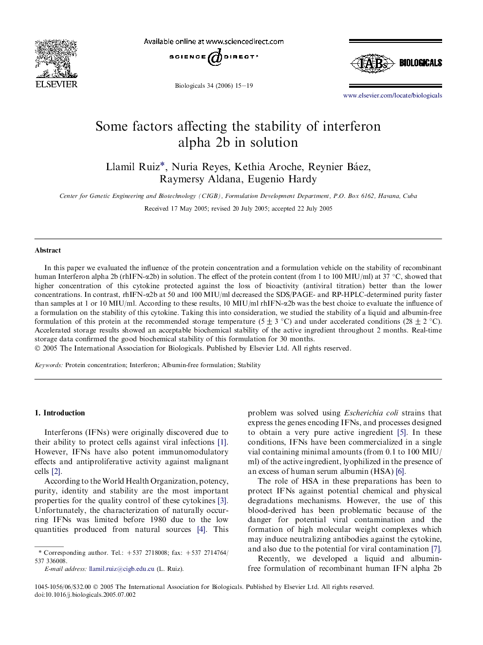 Some factors affecting the stability of interferon alpha 2b in solution