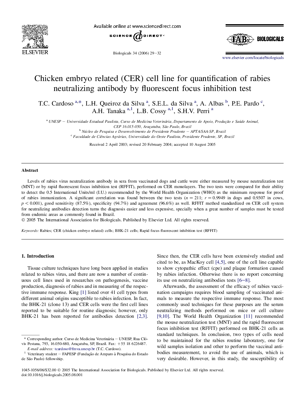 Chicken embryo related (CER) cell line for quantification of rabies neutralizing antibody by fluorescent focus inhibition test