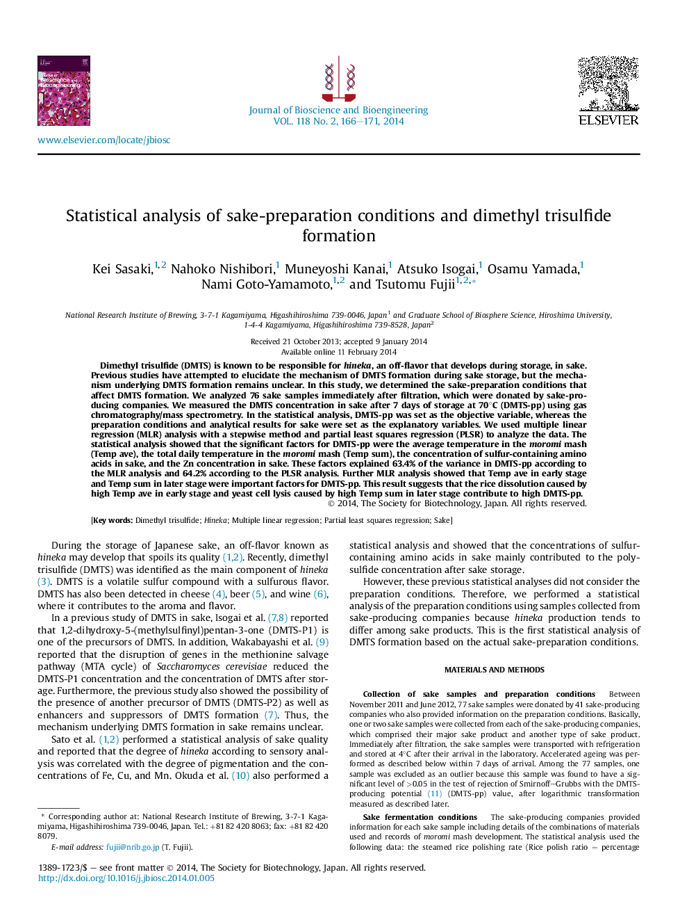 Statistical analysis of sake-preparation conditions and dimethyl trisulfide formation