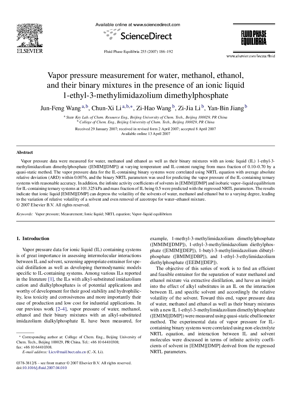 Vapor pressure measurement for water, methanol, ethanol, and their binary mixtures in the presence of an ionic liquid 1-ethyl-3-methylimidazolium dimethylphosphate