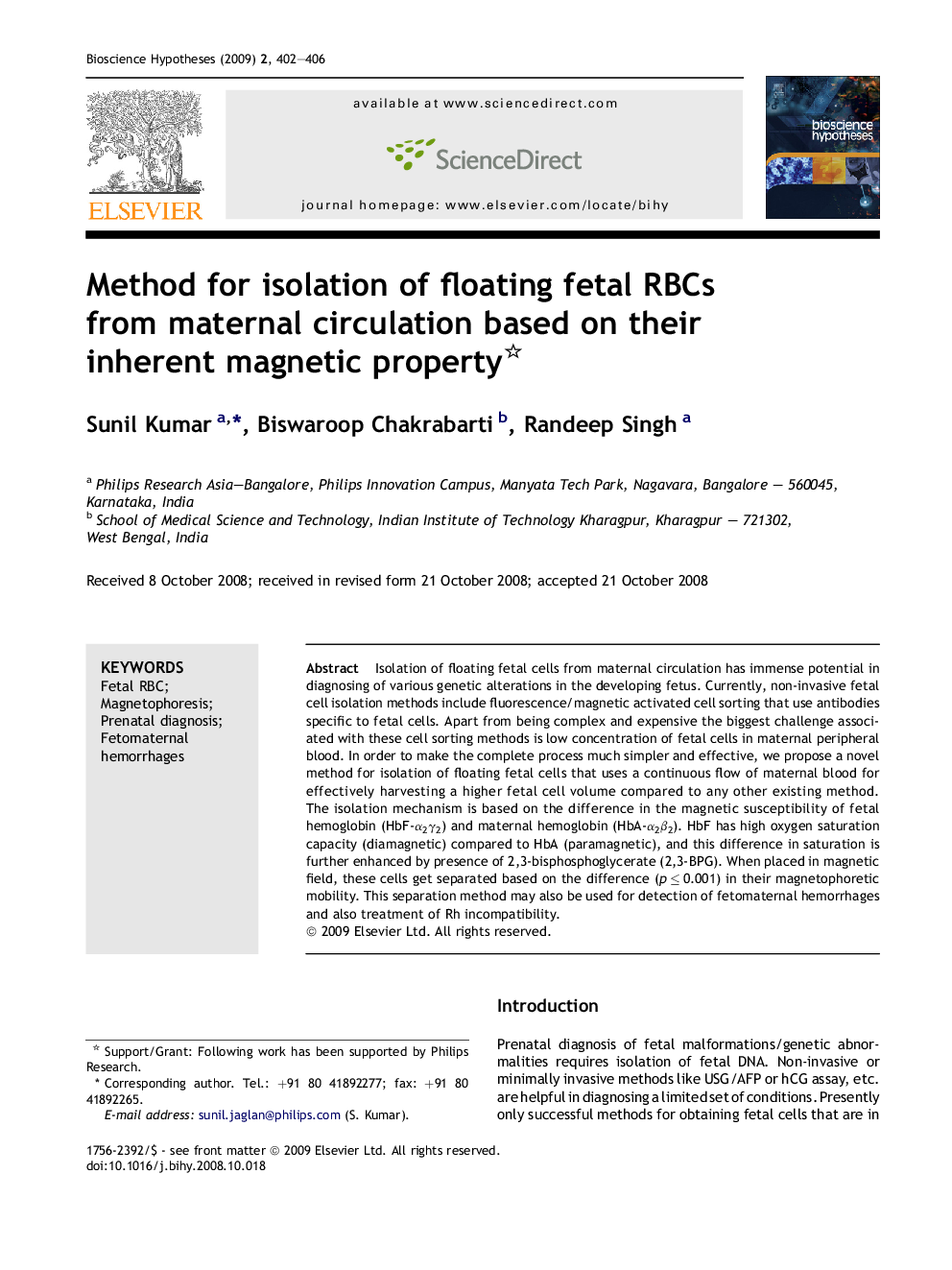 Method for isolation of floating fetal RBCs from maternal circulation based on their inherent magnetic property 