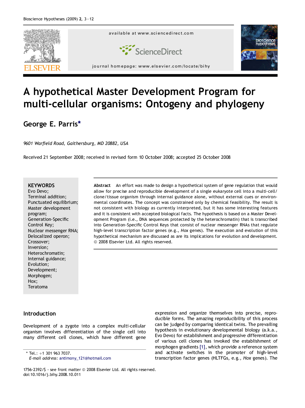 A hypothetical Master Development Program for multi-cellular organisms: Ontogeny and phylogeny