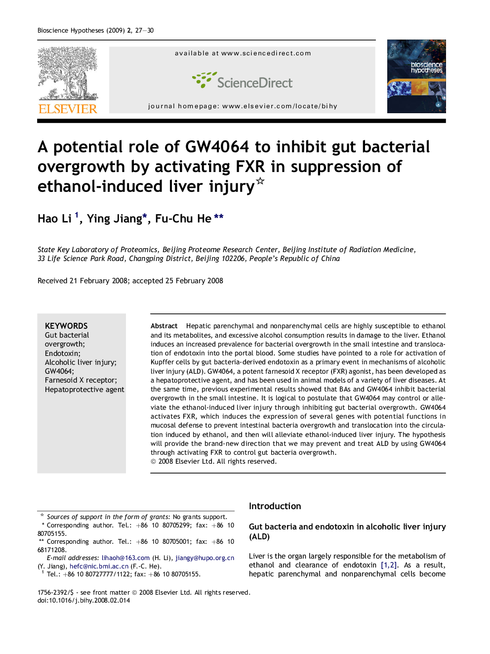 A potential role of GW4064 to inhibit gut bacterial overgrowth by activating FXR in suppression of ethanol-induced liver injury 