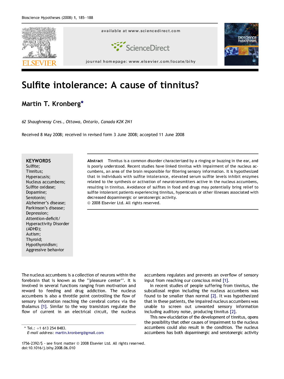 Sulfite intolerance: A cause of tinnitus?