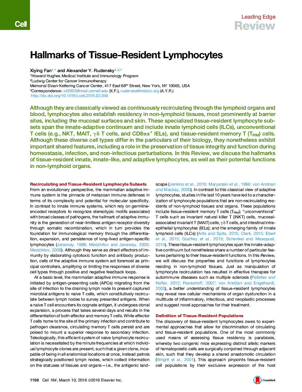 Hallmarks of Tissue-Resident Lymphocytes
