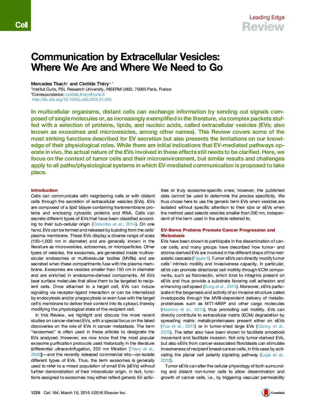 Communication by Extracellular Vesicles: Where We Are and Where We Need to Go
