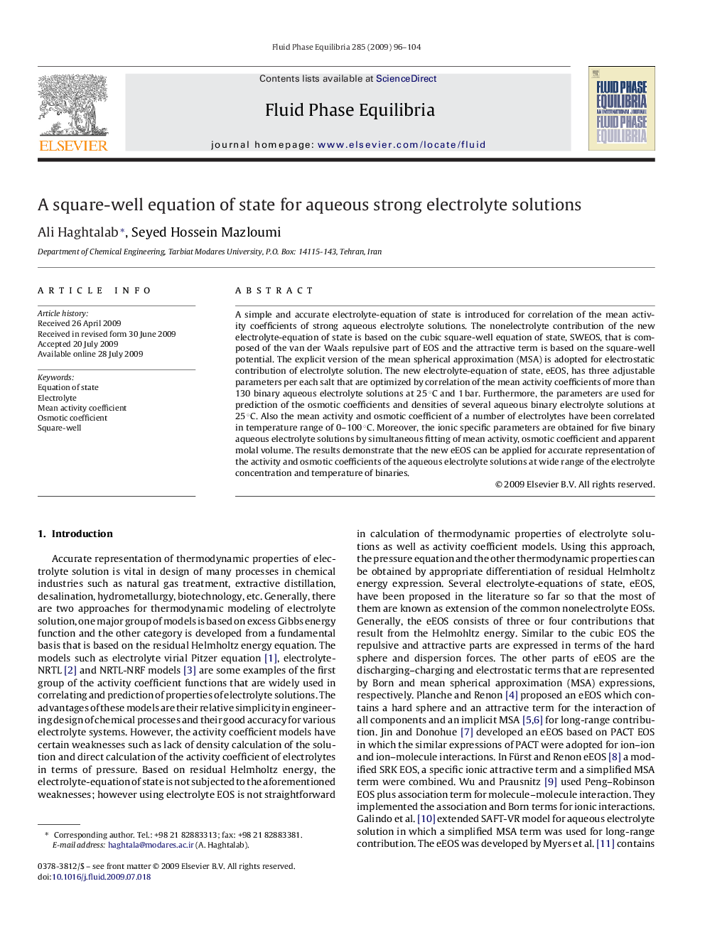 A square-well equation of state for aqueous strong electrolyte solutions