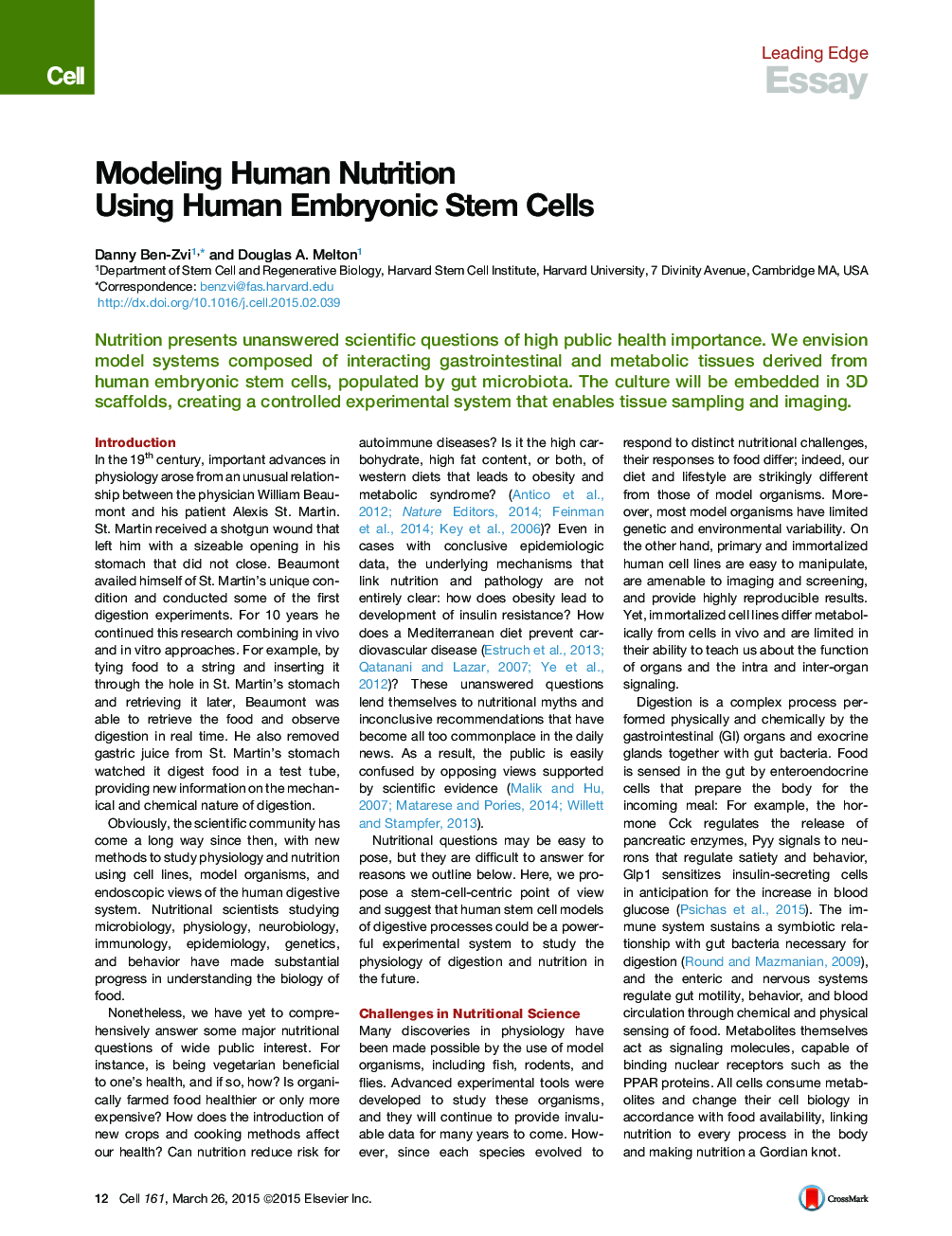 Modeling Human Nutrition Using Human Embryonic Stem Cells