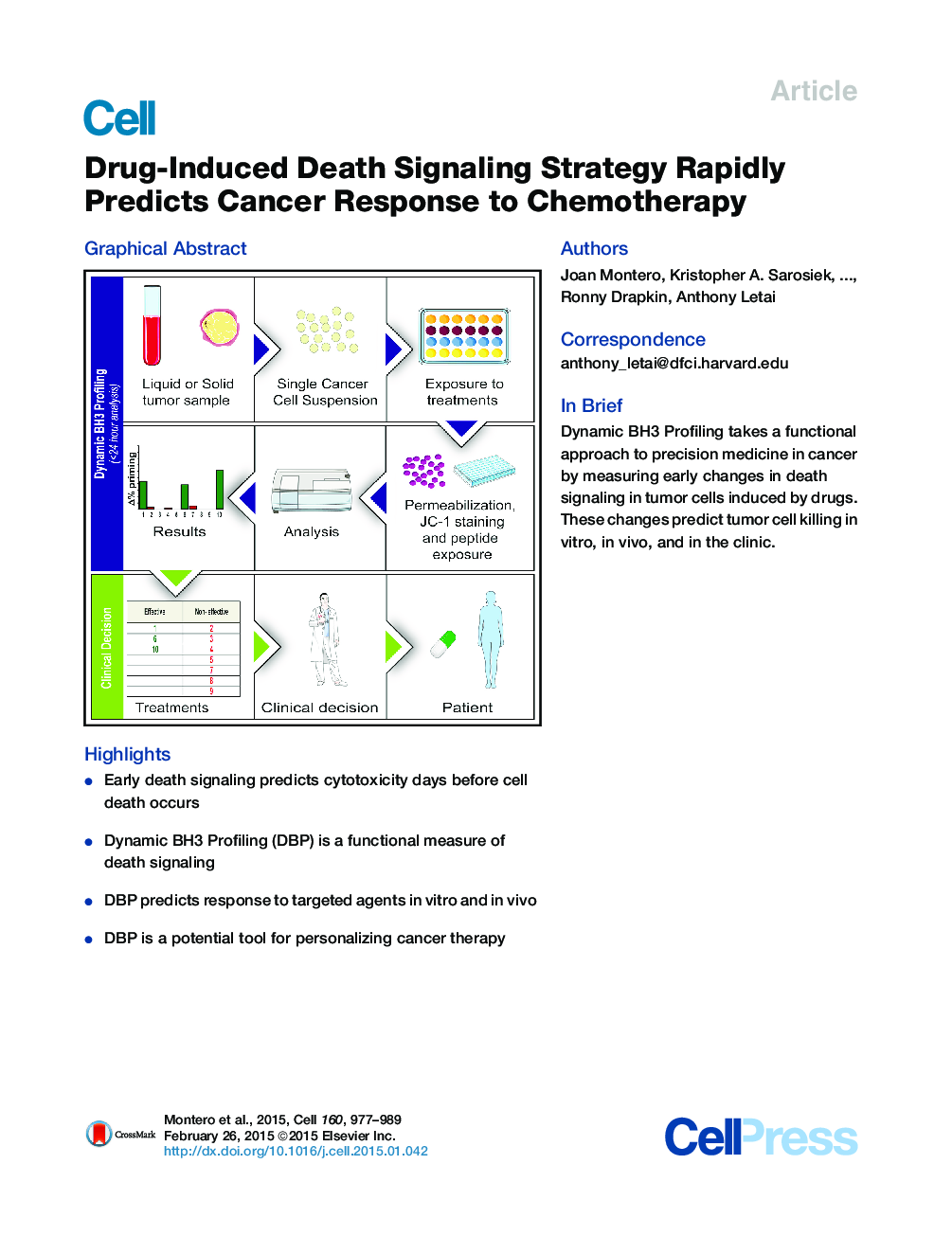 Drug-Induced Death Signaling Strategy Rapidly Predicts Cancer Response to Chemotherapy