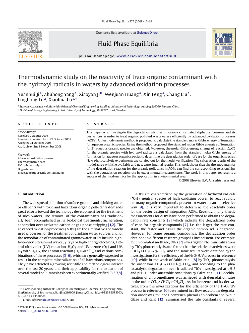 Thermodynamic study on the reactivity of trace organic contaminant with the hydroxyl radicals in waters by advanced oxidation processes