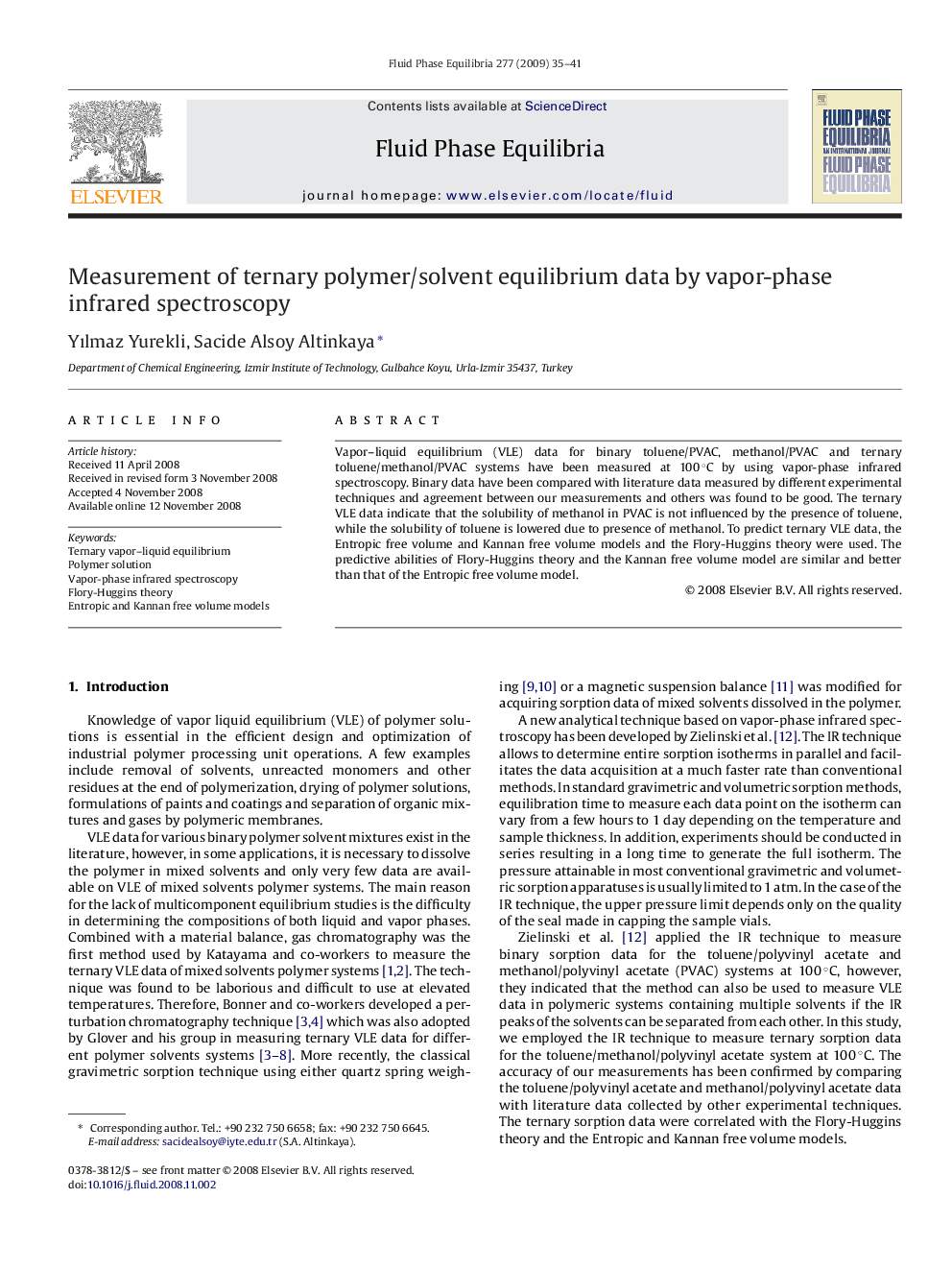 Measurement of ternary polymer/solvent equilibrium data by vapor-phase infrared spectroscopy