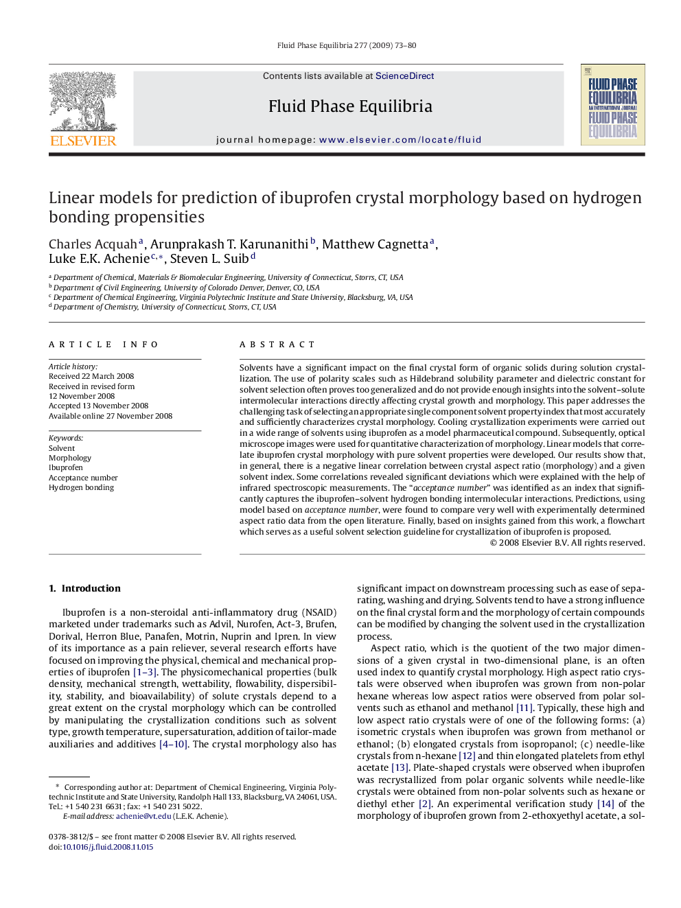 عکس صفحه اول مقاله: Linear models for prediction of ibuprofen crystal morphology based on hydrogen bonding propensities Linear models for prediction of ibuprofen crystal morphology based on hydrogen bonding propensities