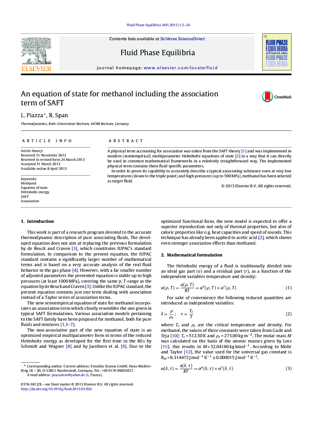 An equation of state for methanol including the association term of SAFT