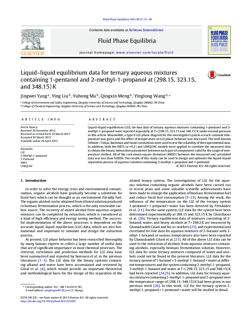 Liquid–liquid equilibrium data for ternary aqueous mixtures containing 1-pentanol and 2-methyl-1-propanol at (298.15, 323.15, and 348.15) K