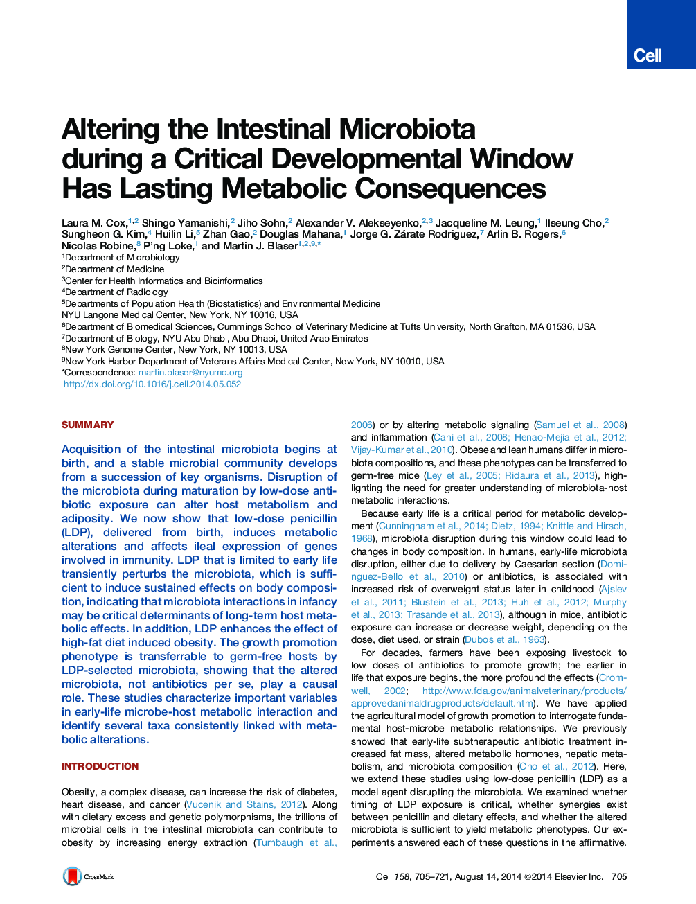 Altering the Intestinal Microbiota during a Critical Developmental Window Has Lasting Metabolic Consequences