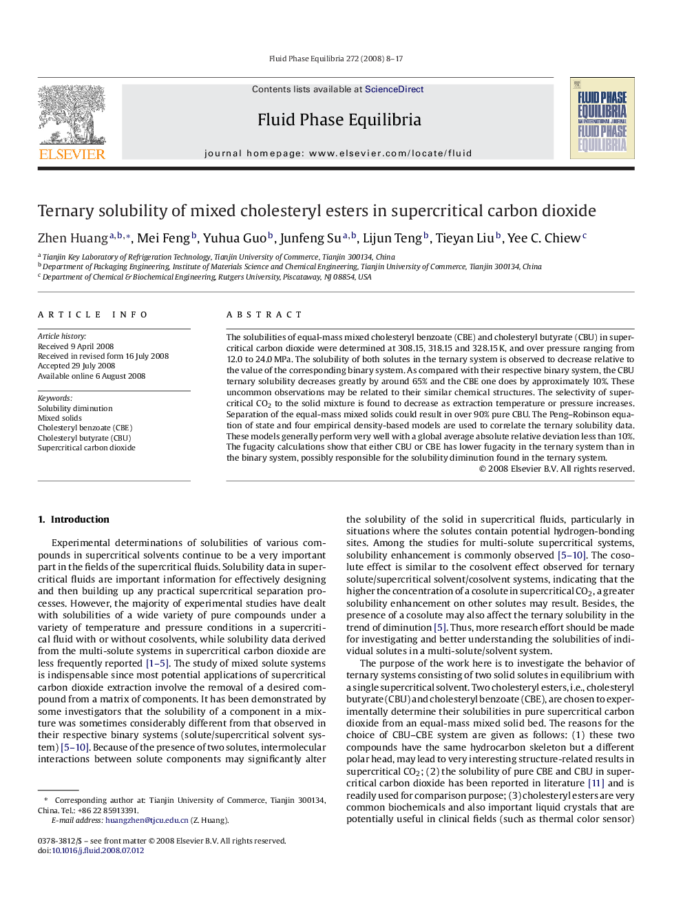 عکس صفحه اول مقاله: Ternary solubility of mixed cholesteryl esters in supercritical carbon dioxide Ternary solubility of mixed cholesteryl esters in supercritical carbon dioxide