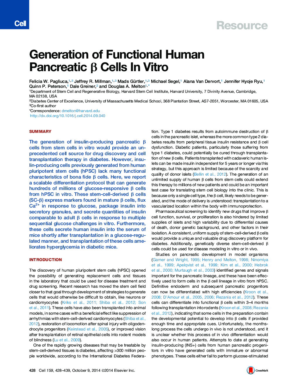 Generation of Functional Human Pancreatic β Cells In Vitro