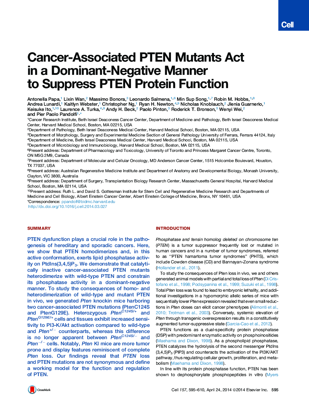 عکس صفحه اول مقاله: Cancer-Associated PTEN Mutants Act in a Dominant-Negative Manner to Suppress PTEN Protein Function Cancer-Associated PTEN Mutants Act in a Dominant-Negative Manner to Suppress PTEN Protein Function
