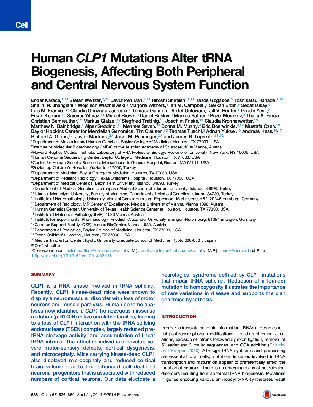 عکس صفحه اول مقاله: Human CLP1 Mutations Alter tRNA Biogenesis, Affecting Both Peripheral and Central Nervous System Function Human CLP1 Mutations Alter tRNA Biogenesis, Affecting Both Peripheral and Central Nervous System Function
