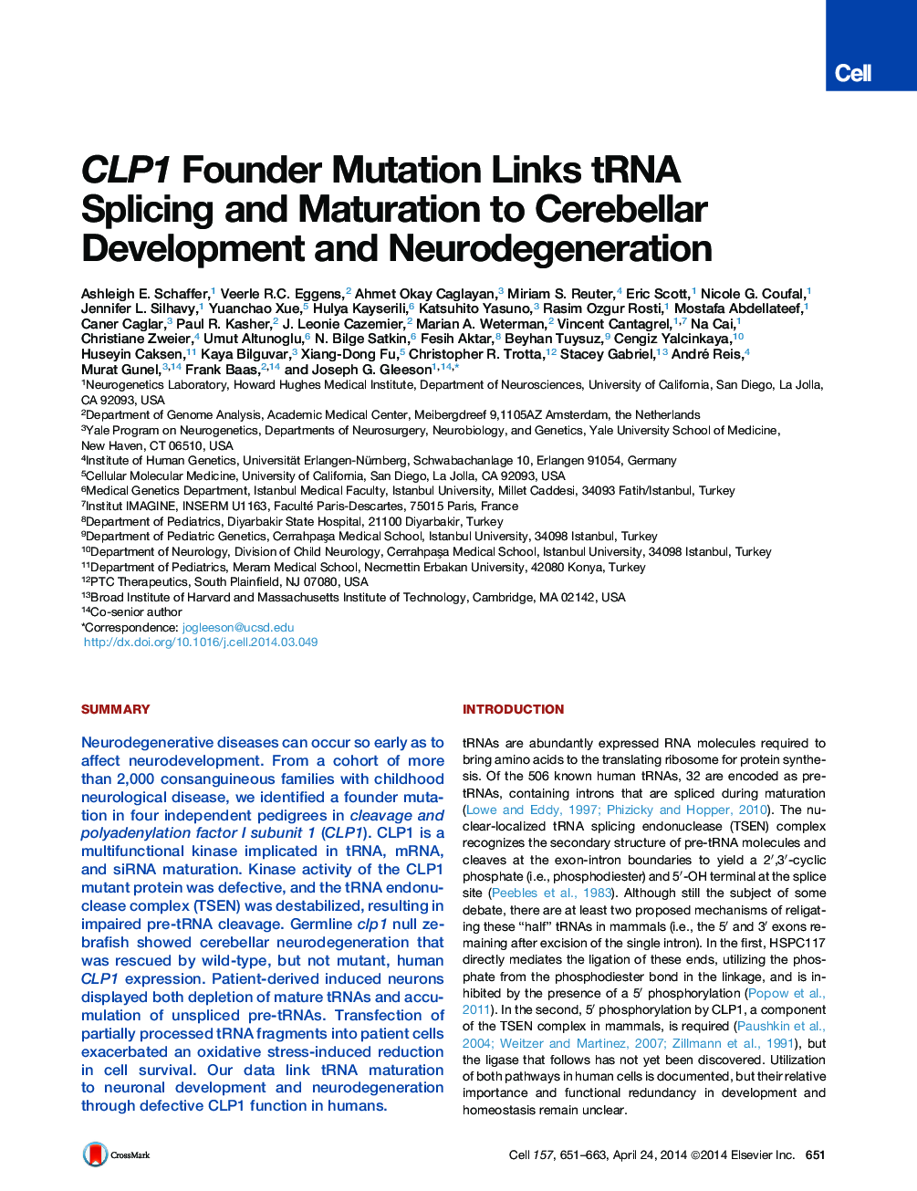 عکس صفحه اول مقاله: CLP1 Founder Mutation Links tRNA Splicing and Maturation to Cerebellar Development and Neurodegeneration CLP1 Founder Mutation Links tRNA Splicing and Maturation to Cerebellar Development and Neurodegeneration